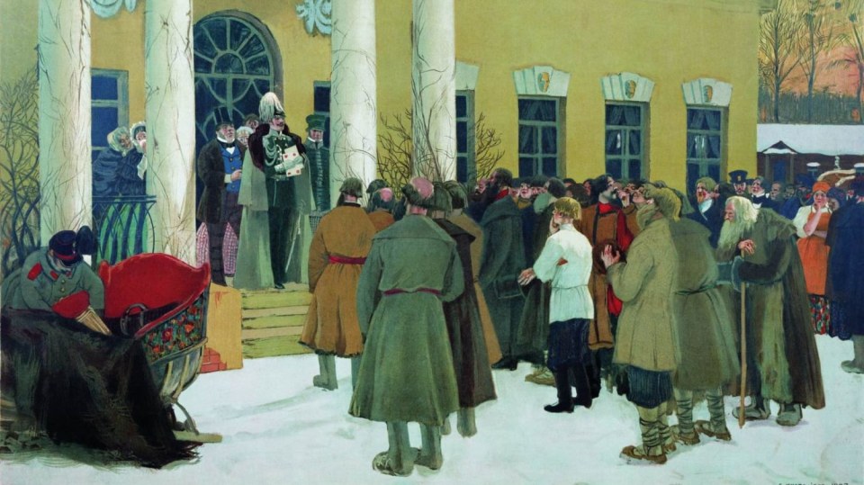 Boris Kustodiev namaloval dav poslouchající Prohlášení o zrušení nevolnictví